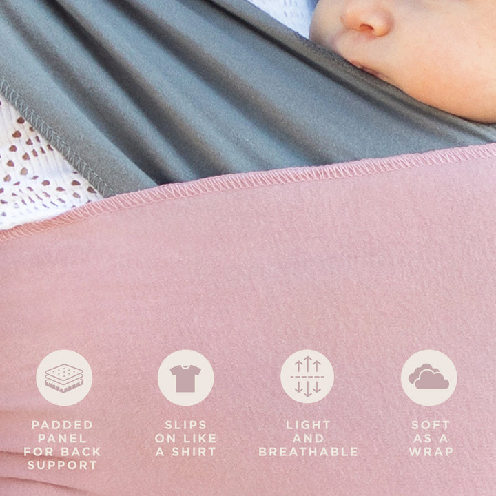 easy-wrap features padded panel for back support, slips on like a shirt, light and breathable, soft as a wrap