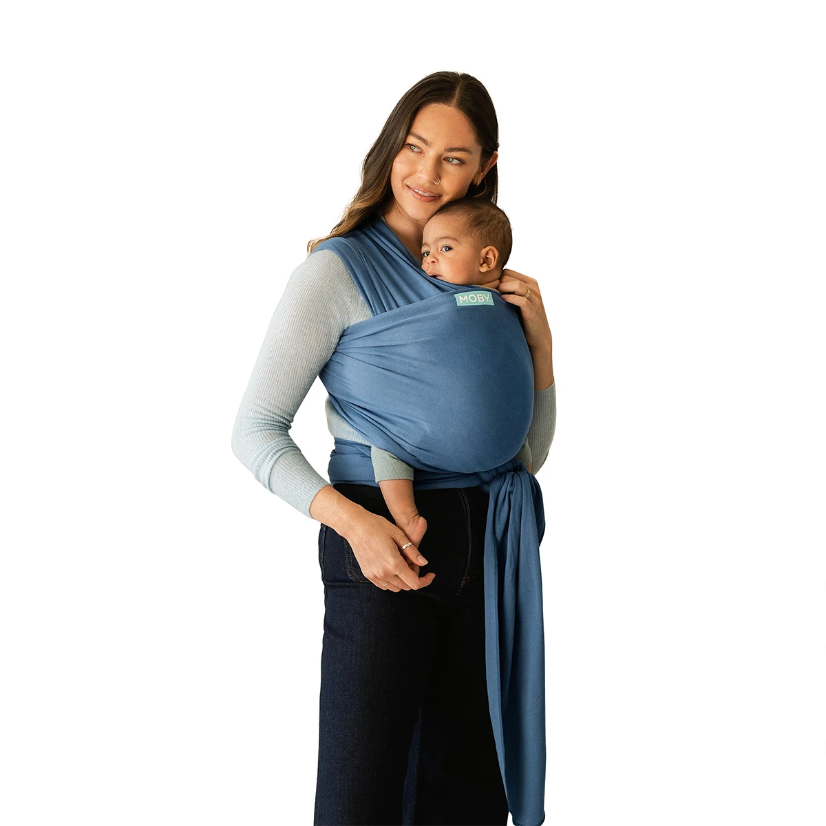 mom wearing baby in Classic Wrap Baby Carrier in Ocean