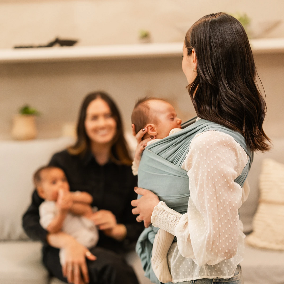 MOBY Wrap Evolution - Sea Glass-Baby Wraps-Moby Wrapmom wearing baby in MOBY Wrap Evolution in Sea Glass with mom's friend and her baby