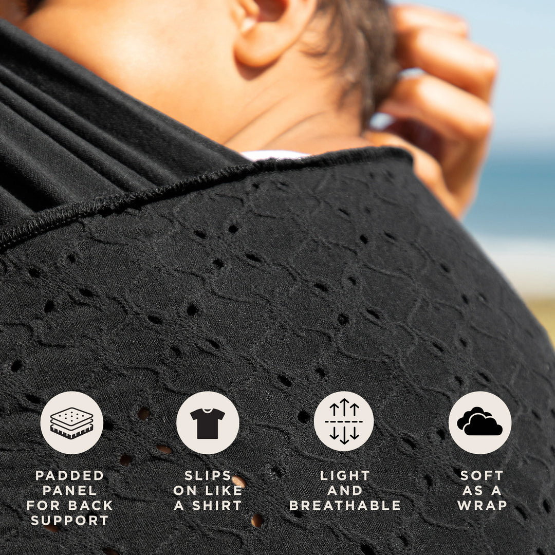 easy-wrap features padded panel for back support, slips on like a shirt, light and breathable, soft as a wrap