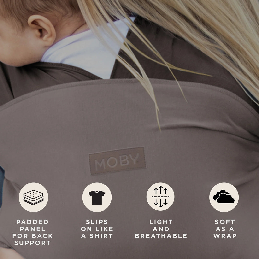 easy-wrap features padded panel for back support, slips on like a shirt, light and breathable, soft as a wrap