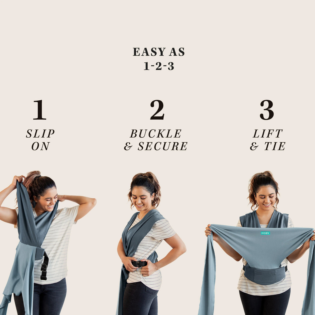 moby easy as 1-2-3, step 1 slip on, step 2 buckle & secure, step 3 lift & tie