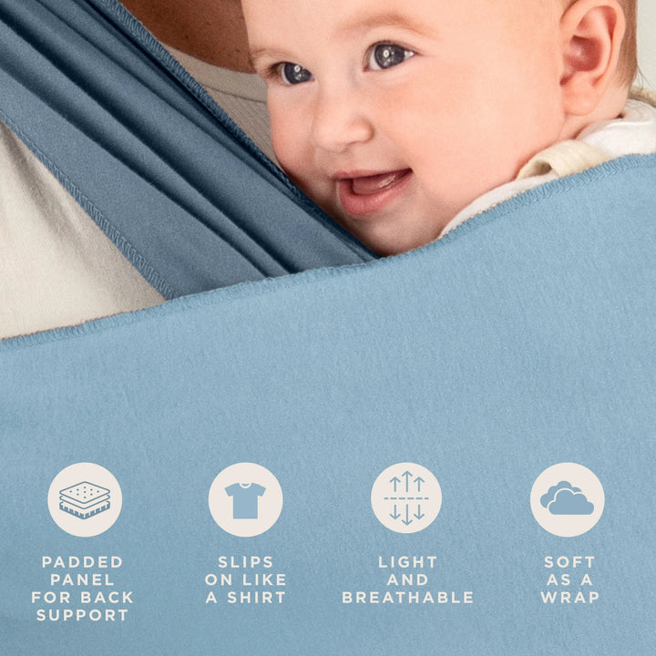 moby easy-wrap features padded panel for back support, slips on like a shirt, light and breathable, soft as a wrap