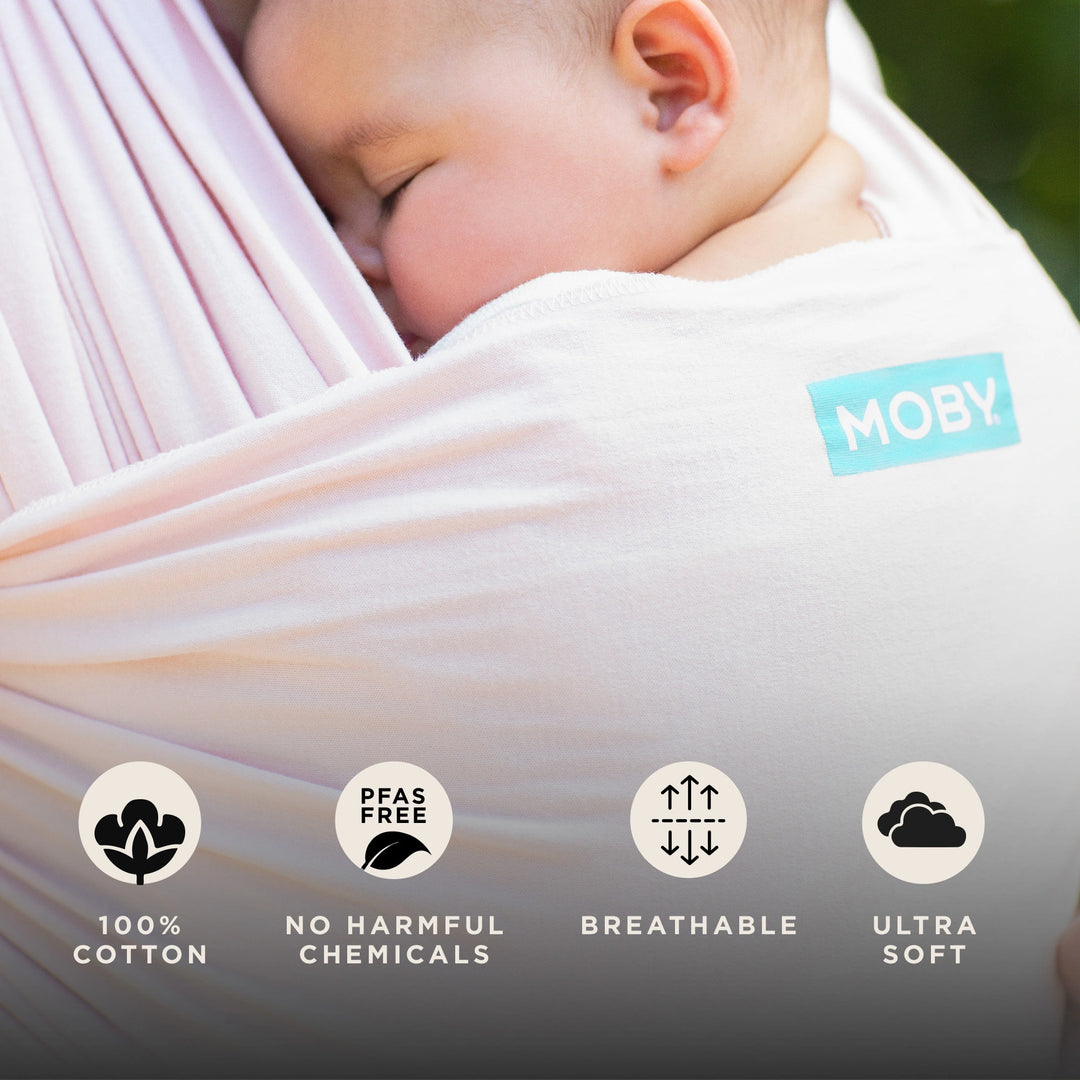 moby wrap features 100% cotton, no harmful chemicals, pfas free, breathable, ultra soft