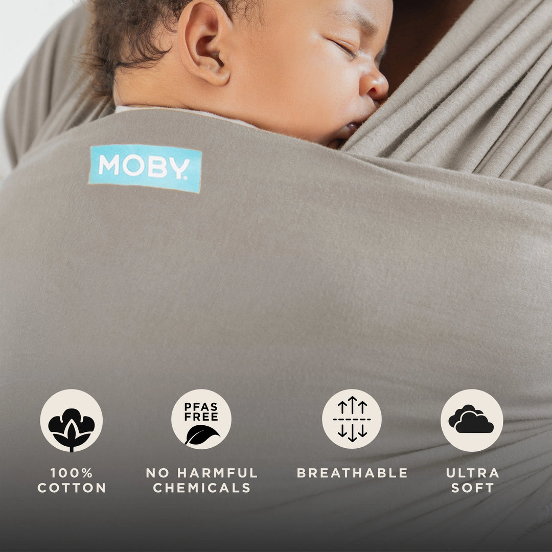 moby wrap features 100% cotton, no harmful chemicals, pfas free, breathable, ultra soft