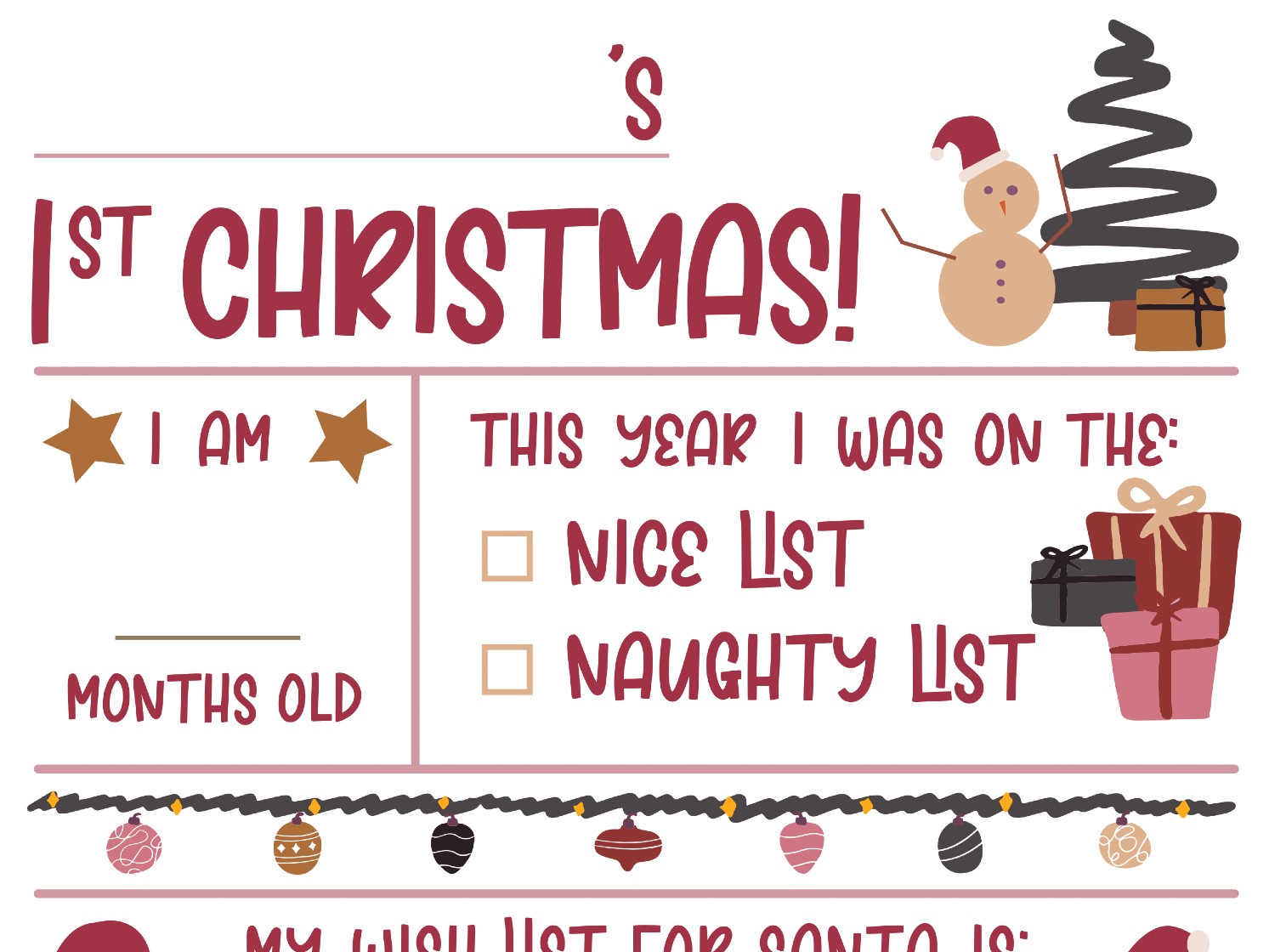 Cropped image of a Printable that can be filled in with information about Baby's 1st Christmas