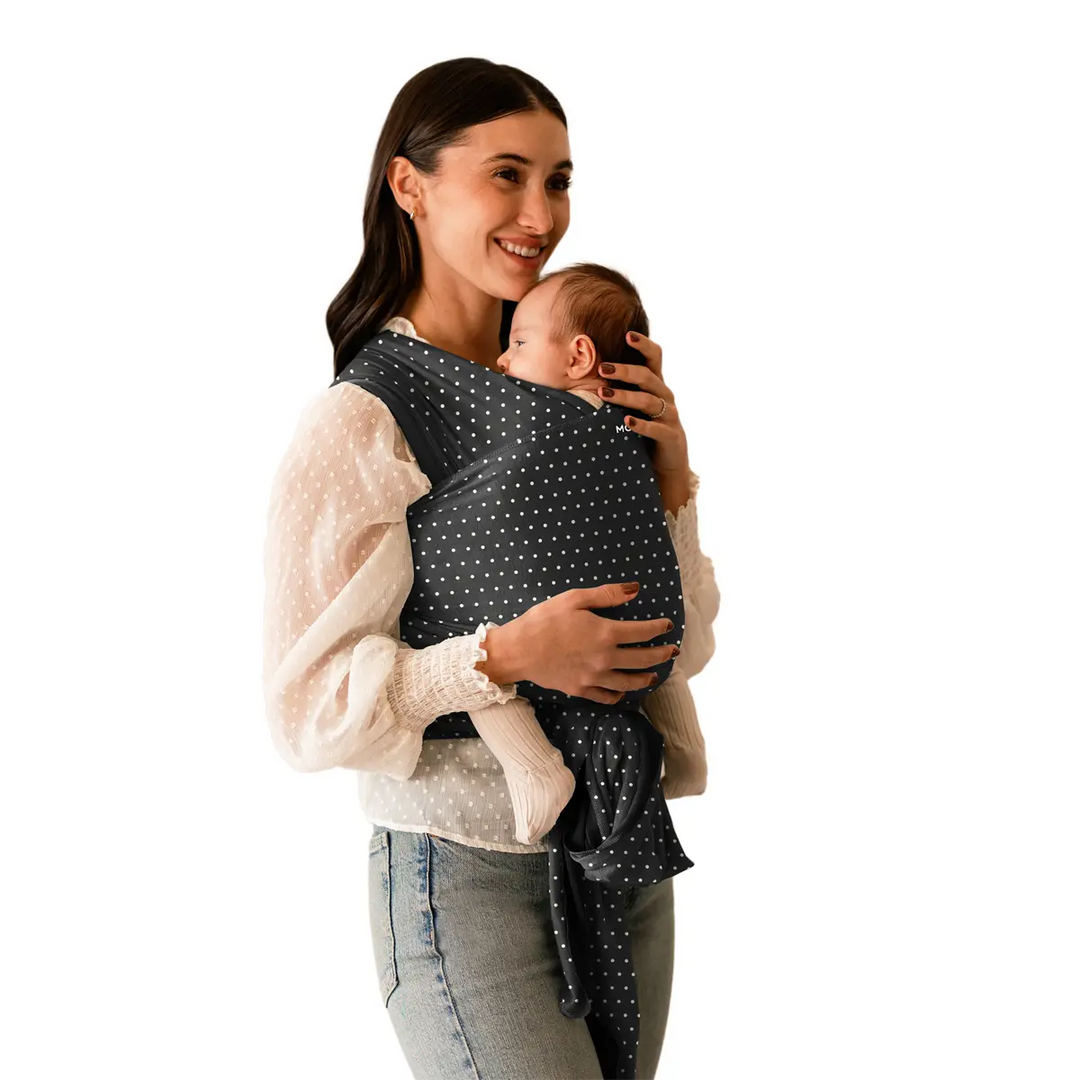 mom wearing baby in Classic Wrap Baby Carrier in Midnight Speckle