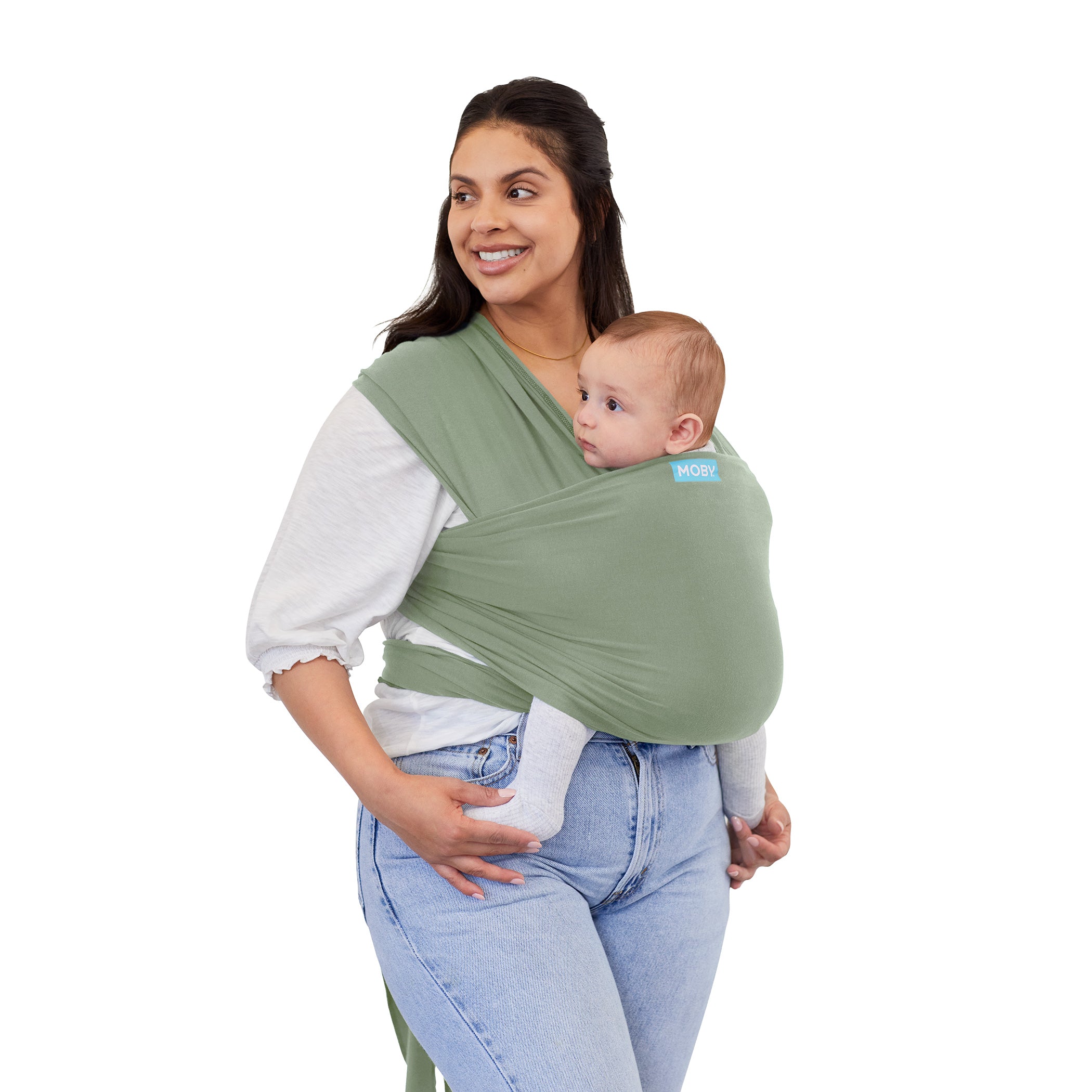 Mom wearing baby in Moby Classic Wrap Baby Carrier in Pear