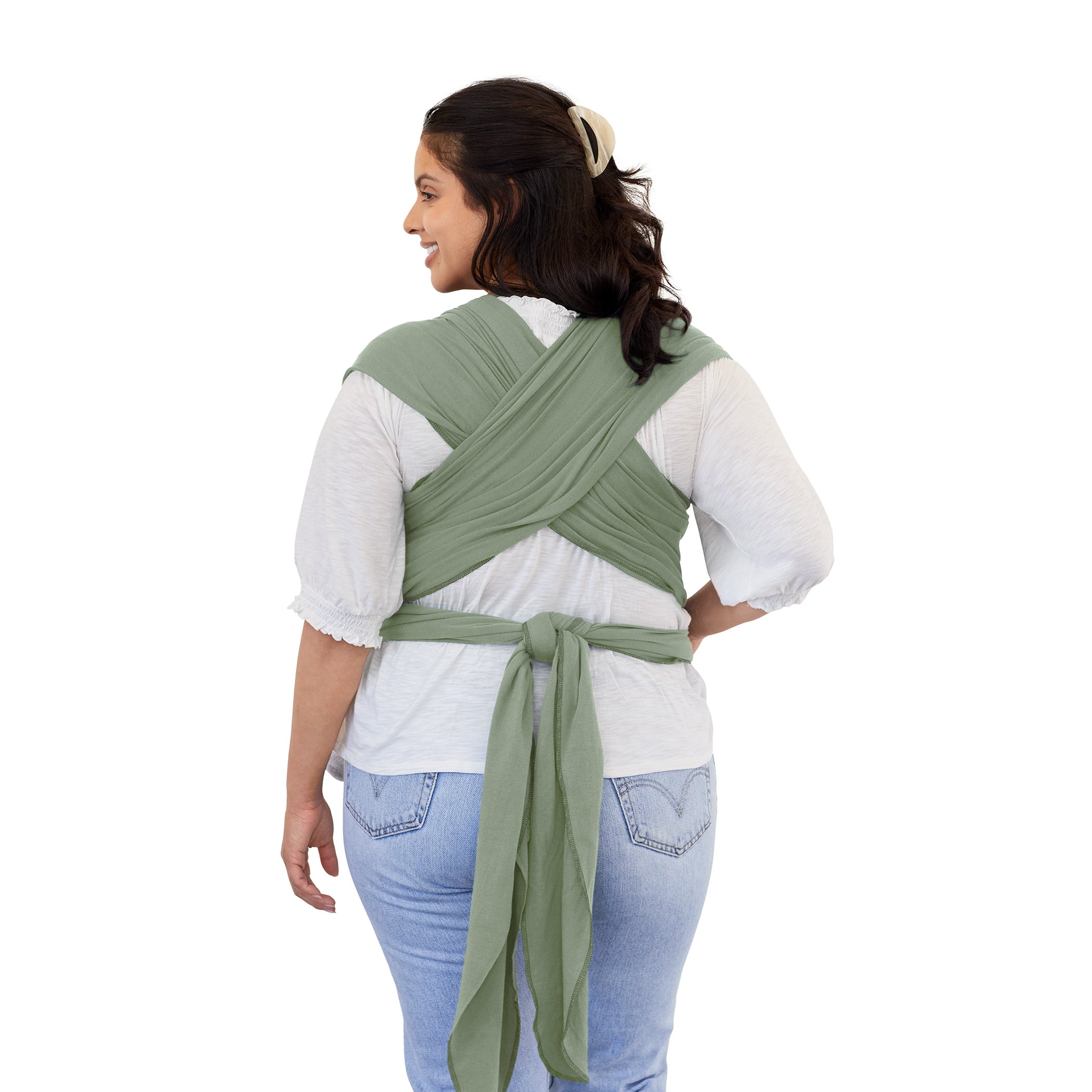 Back image of Mom wearing baby in Moby Classic Wrap Baby Carrier in Pear