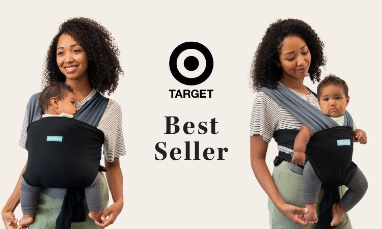 target best seller. mom wearing baby in easy wrap in charcoal black