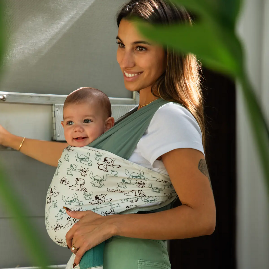 mom wearing baby in easy-wrap carrier in simply stitch