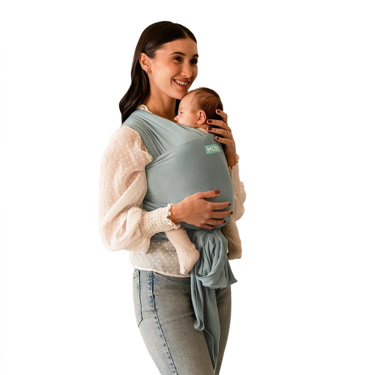 mom wearing baby in MOBY Wrap Evolution in Sea Glass
