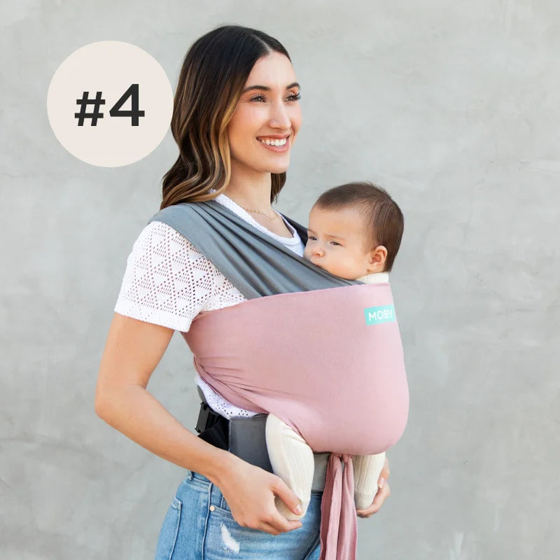 #4 mom wearing baby in easy-wrap carrier in dusty rose