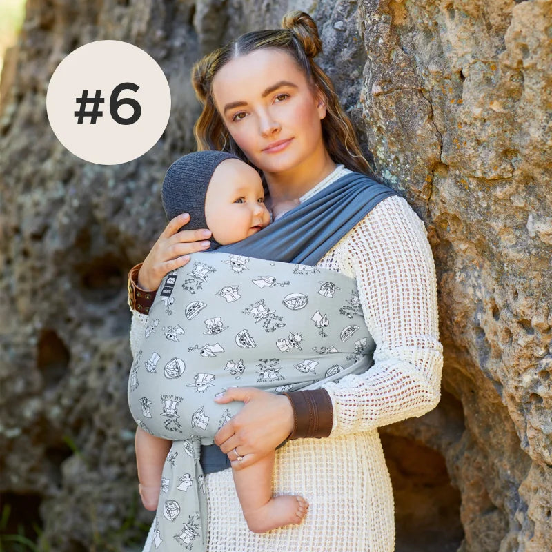 #6 mom wearing baby in easy-wrap carrier in grogu's galaxy