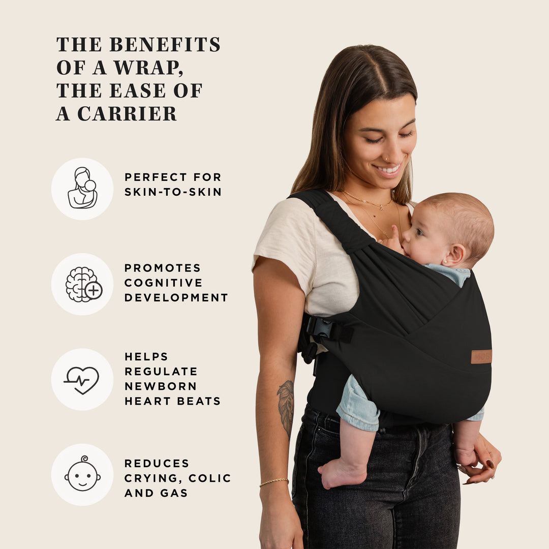 the benefits of a wrap, the ease of a carrier. the moby duet carrier is perfect for skin-to-skin, promotes cognitive development, helps regulate newborn heart beats, reduces crying, colic and gas