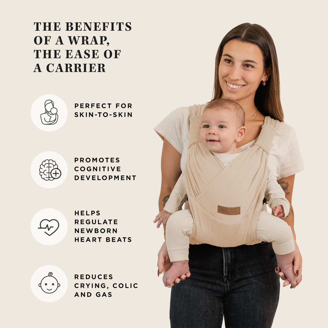 the benefits of a wrap, the ease of a carrier. the moby duet carrier is perfect for skin-to-skin, promotes cognitive development, helps regulate newborn heart beats, reduces crying, colic and gas