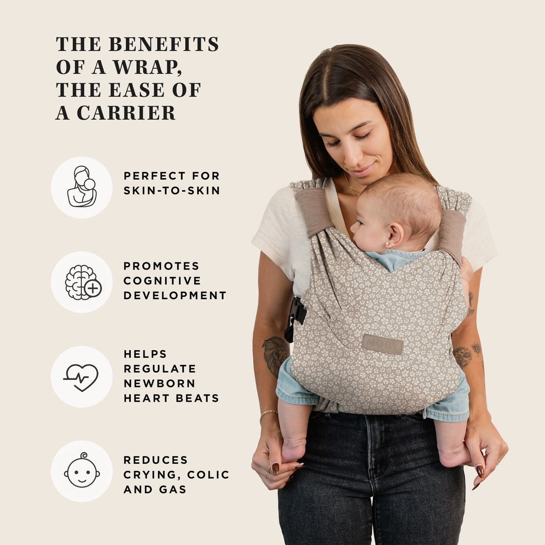 the benefits of a wrap, the ease of a carrier. the moby duet carrier is perfect for skin-to-skin, promotes cognitive development, helps regulate newborn heart beats, reduces crying, colic and gas