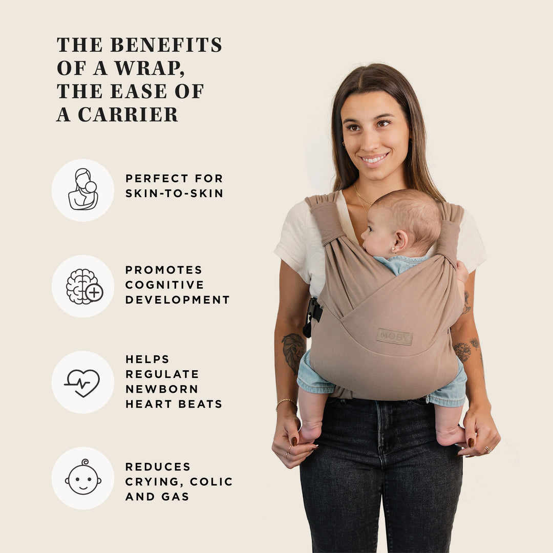 the benefits of a wrap, the ease of a carrier. the moby duet carrier is perfect for skin-to-skin, promotes cognitive development, helps regulate newborn heart beats, reduces crying, colic and gas