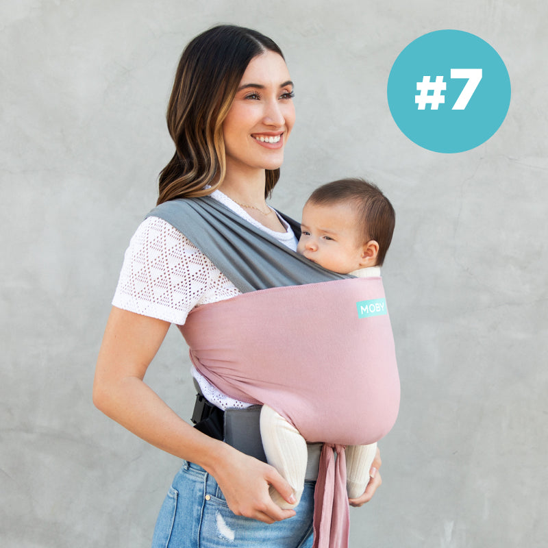 #7 Moby Best Seller. Mom wearing baby in easy wrap in dusty rose