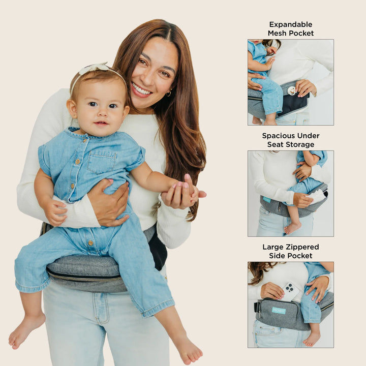 mom wearing baby in hip seat. expandable mesh pocket, spacious under seat storage, large zippered side pocket