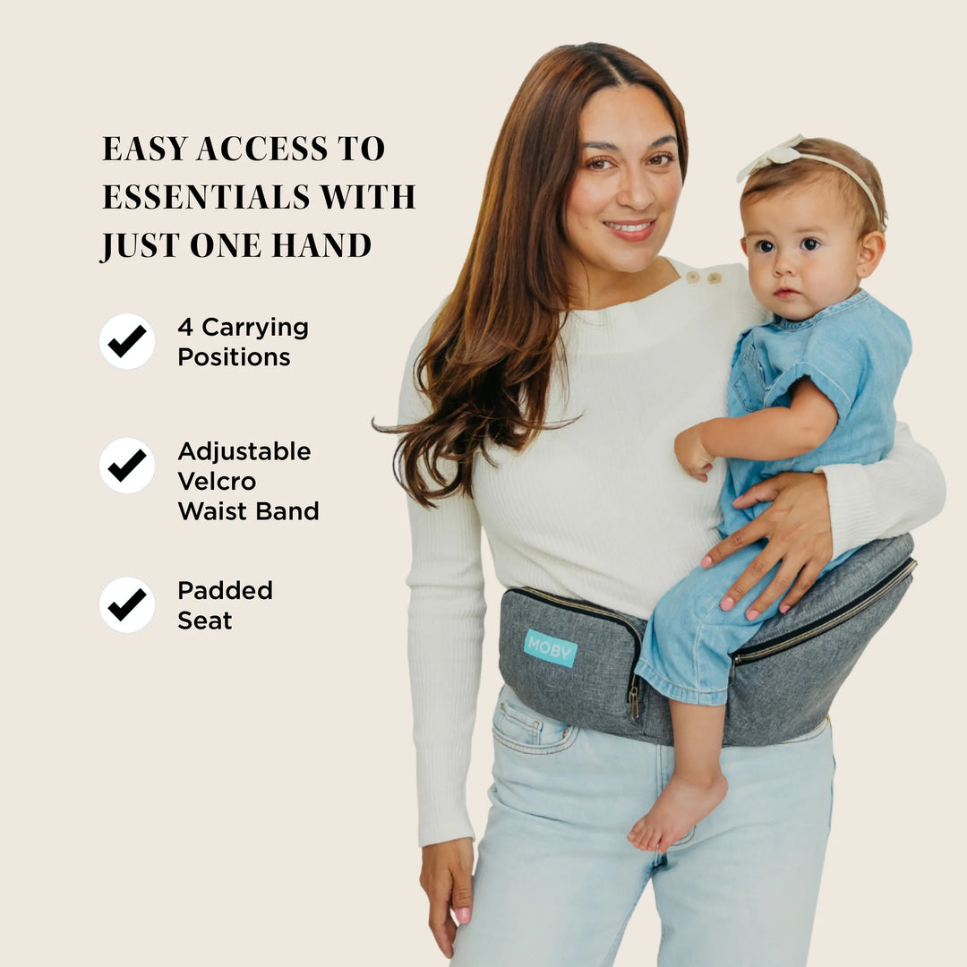 mom wearing baby in hip seat. easy access to essentials with just one hand. 4 carrying positions, adjustable velcro waist band, padded seat