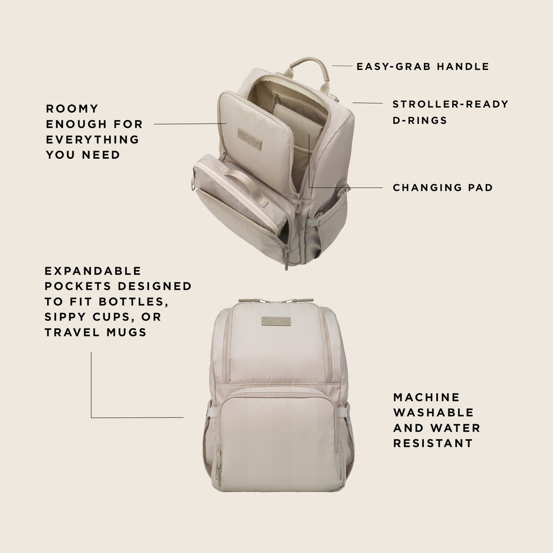 parent pack features: roomy enough for everything you need, easy-grab handle, stroller-ready d-rings, changing pad, expandable pockets designed to fit bottles, sippy cups, or travel mugs, machine washable and water resistant