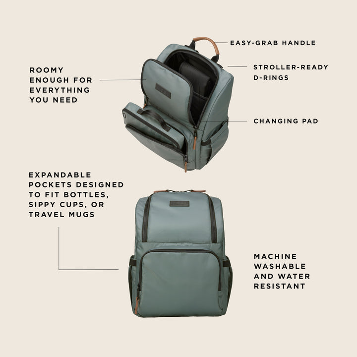 parent pack features: roomy enough for everything you need, easy-grab handle, stroller-ready d-rings, changing pad, expandable pockets designed to fit bottles, sippy cups, or travel mugs, machine washable and water resistant