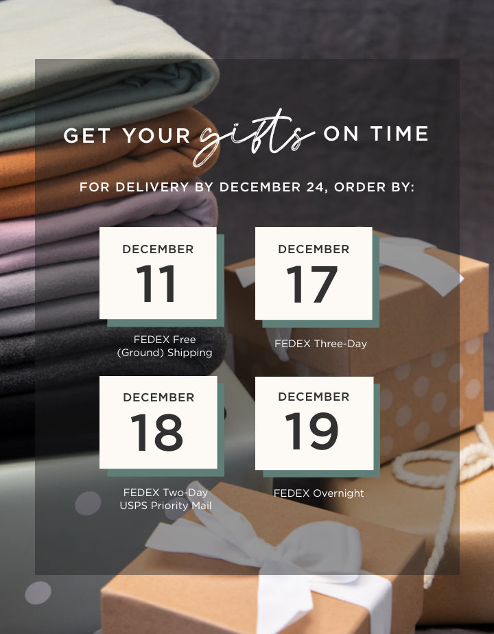 Get your gifts on time! For delivery by 12/24, order by 12/11 for fedex free ground shipping, 12/17 for fedex 3 day shipping, 12/18 for fedex 2 day or usps priority mail, or 12/19 for fedex overnight shipping