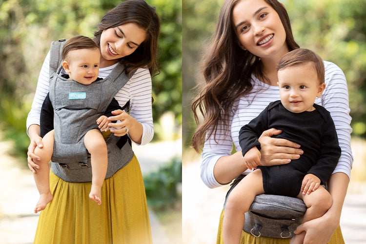 moby hip seat shown worn as full carrier or simple toddler carrier hip seat only