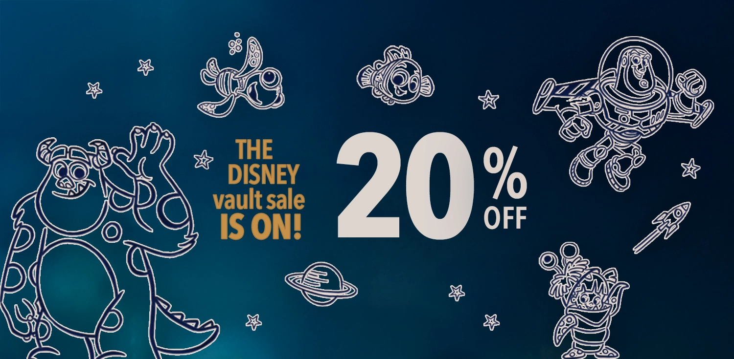 Promotional banner for Disney Vault Sale with cartoon characters on a dark blue background