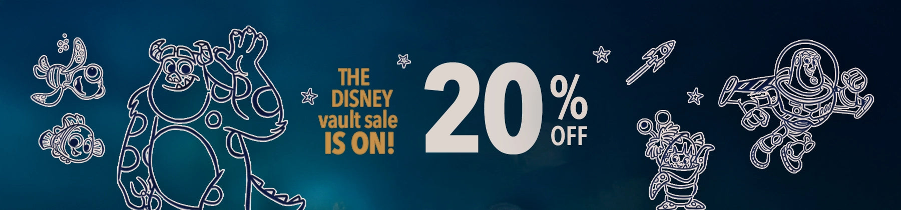 Promotional banner for Disney Vault Sale with 20% off offer on a dark blue background.