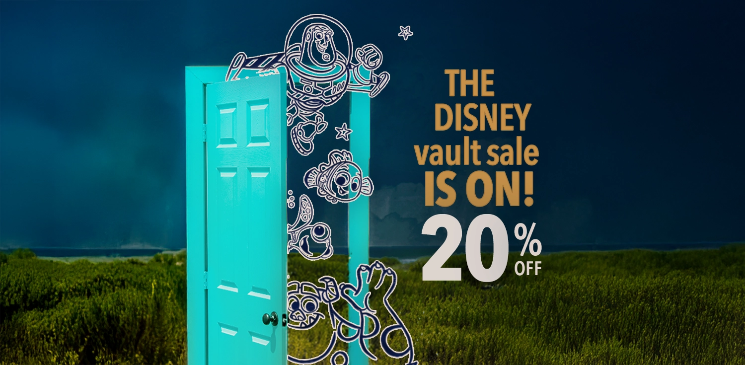 Promotional graphic for Disney vault sale with cartoon characters and a discount offer.