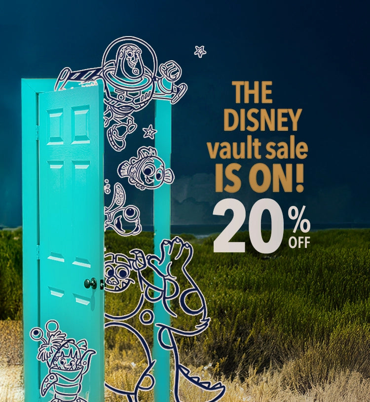 Promotional image for Disney vault sale with a blue door and cartoon characters, set against a scenic background.