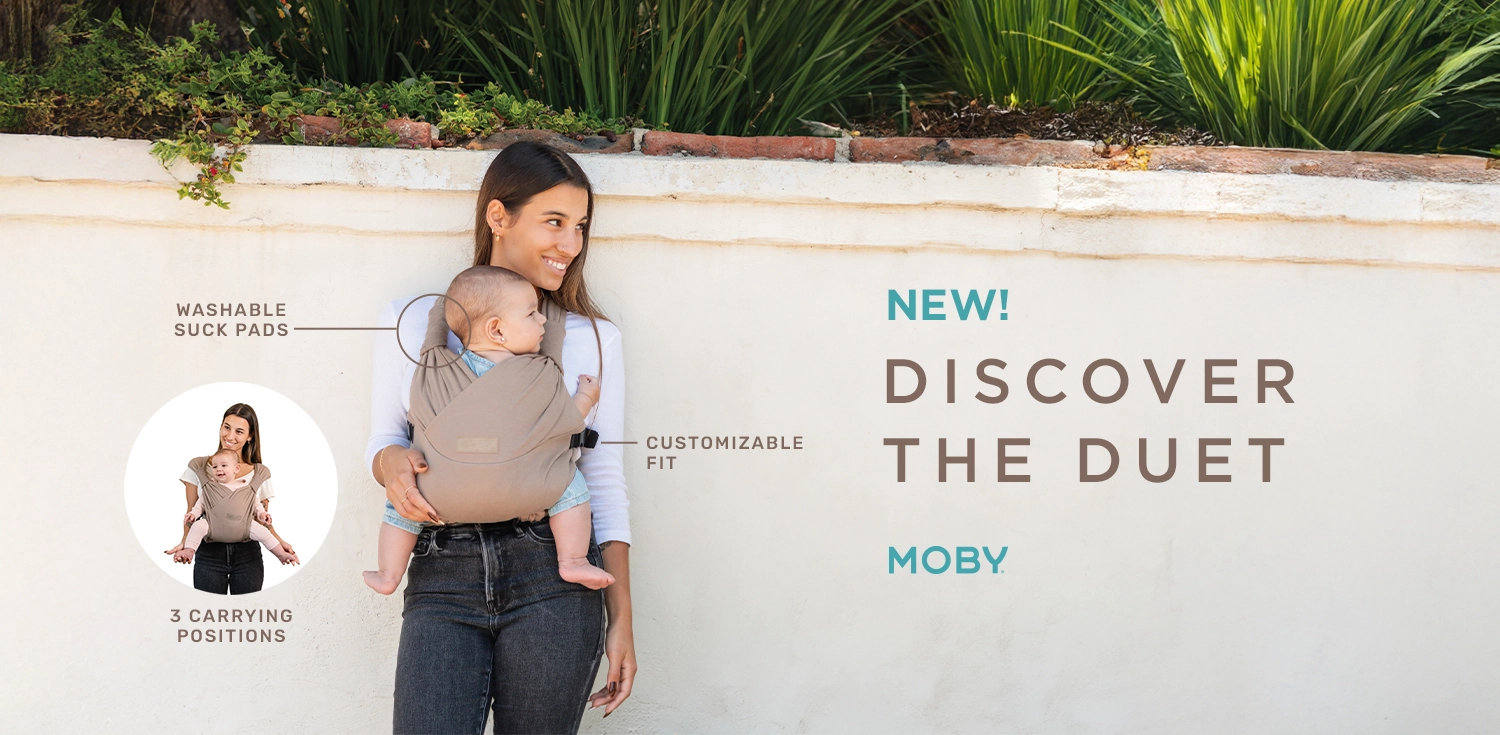 moby duet carrier from $59, 3 carrying positions, adjustable seat, soft, washable fabric. features like suck pads, seat adjustability and back support.