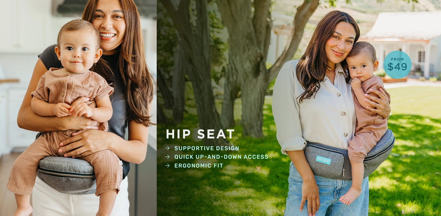 mom carrying baby in hip seat in heather grey. hip seat. supportive design, quick up-and-down access. ergonomic fit. from $49