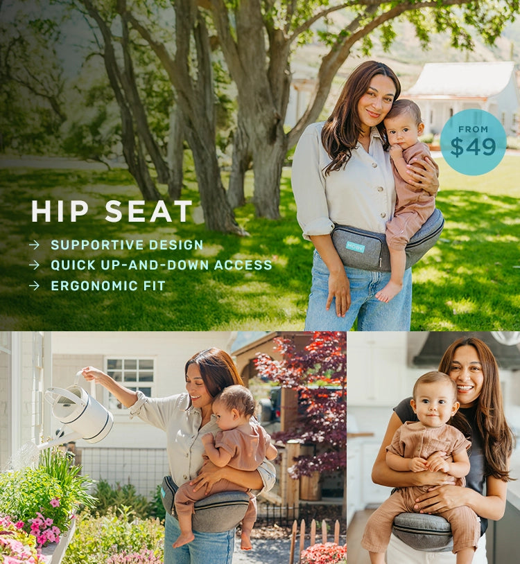 mom carrying baby in hip seat in heather grey. hip seat. supportive design, quick up-and-down access. ergonomic fit. from $49