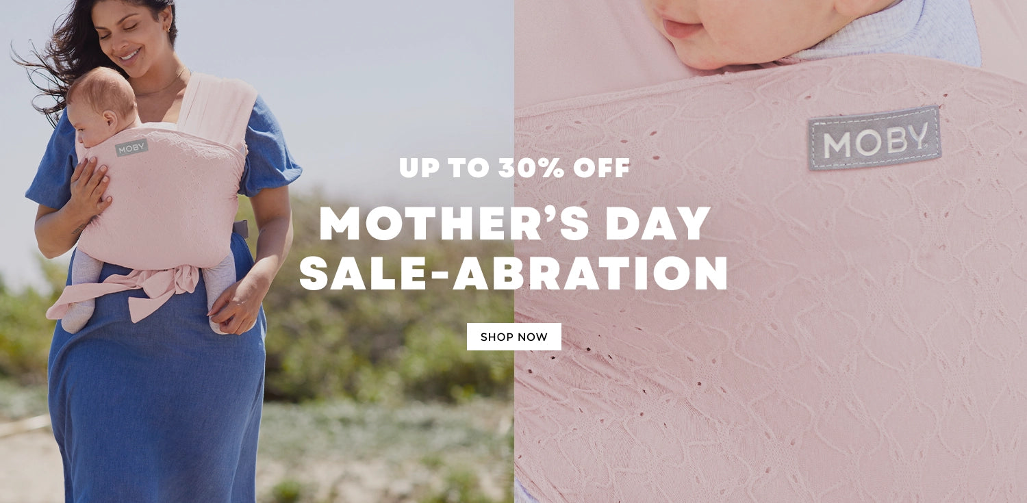 up to 30% off mother's day sale-abration. shop now. mom wearing baby in easy wrap in rose quartz