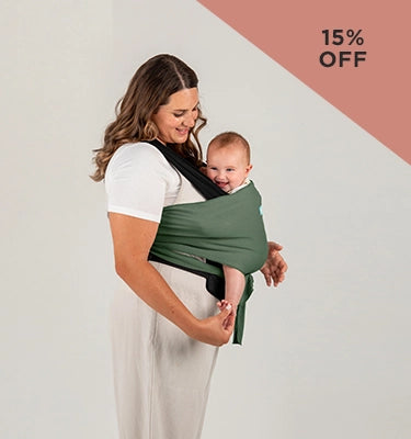 15% off mom wearing baby in easy-wrap in olive/onyx