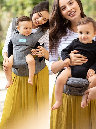 moby hip seat shown worn as full carrier or simple toddler carrier hip seat only