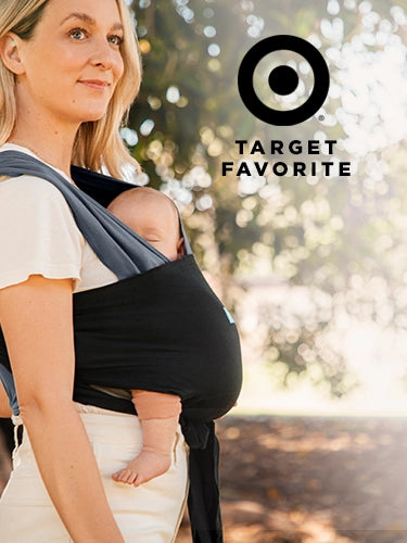 target favorite, mom wearing baby in easy wrap in charcoal black