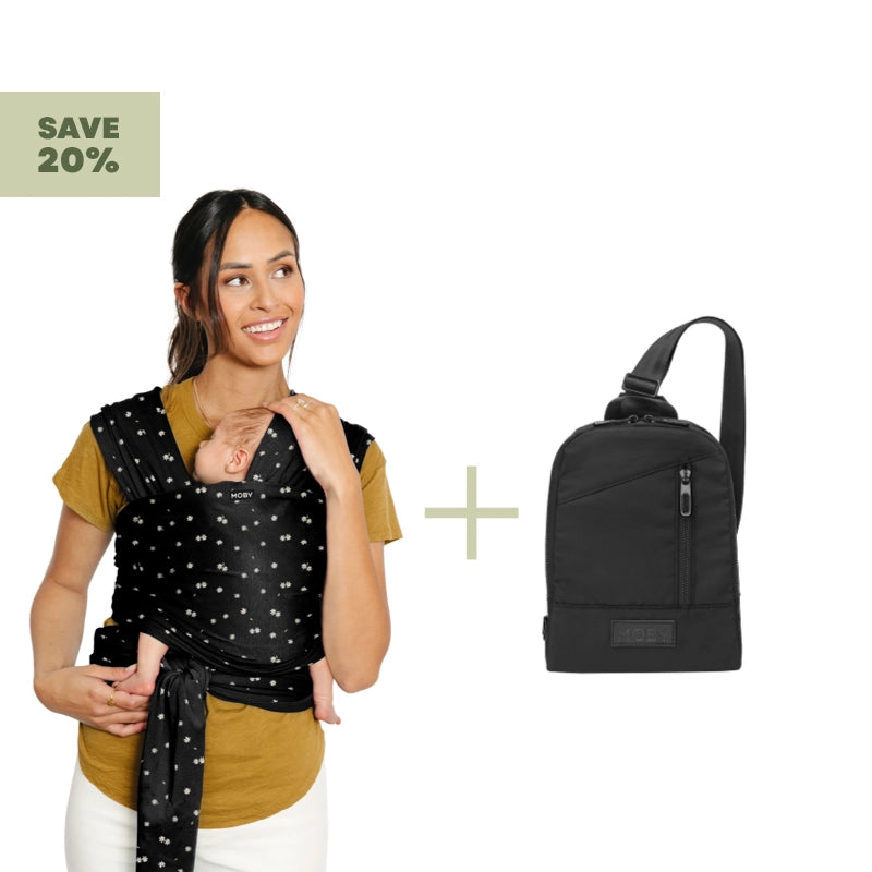 save 20% on the wrap and transit cross body bag bundle set. mom wearing baby in moby wrap in desert daisy
