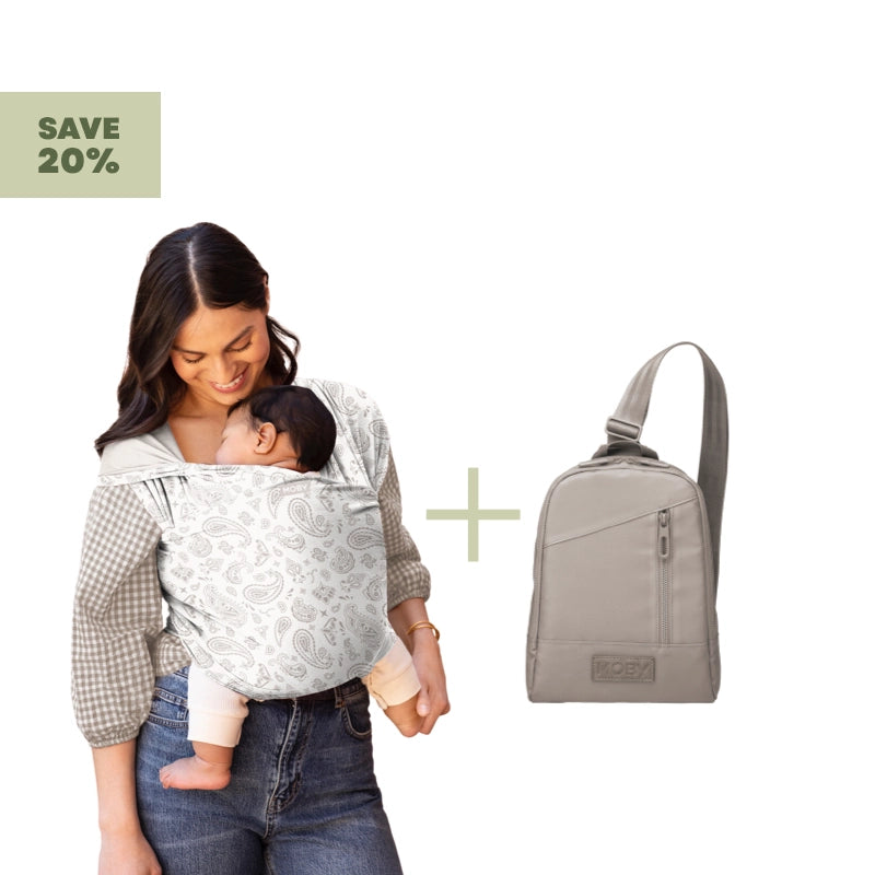 save 20% on the wrap and transit cross body bag bundle set. mom wearing baby in moby wrap in bandana