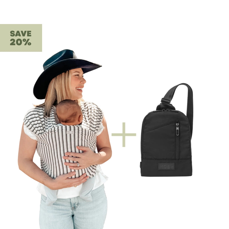 save 20% on the wrap and transit cross body bag bundle set. mom wearing baby in moby wrap in heirloom stripe