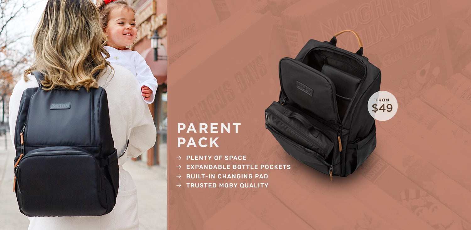 parent pack plenty of space, expandable bottle pockets, built-in changing pad, trusted moby quality. from $49