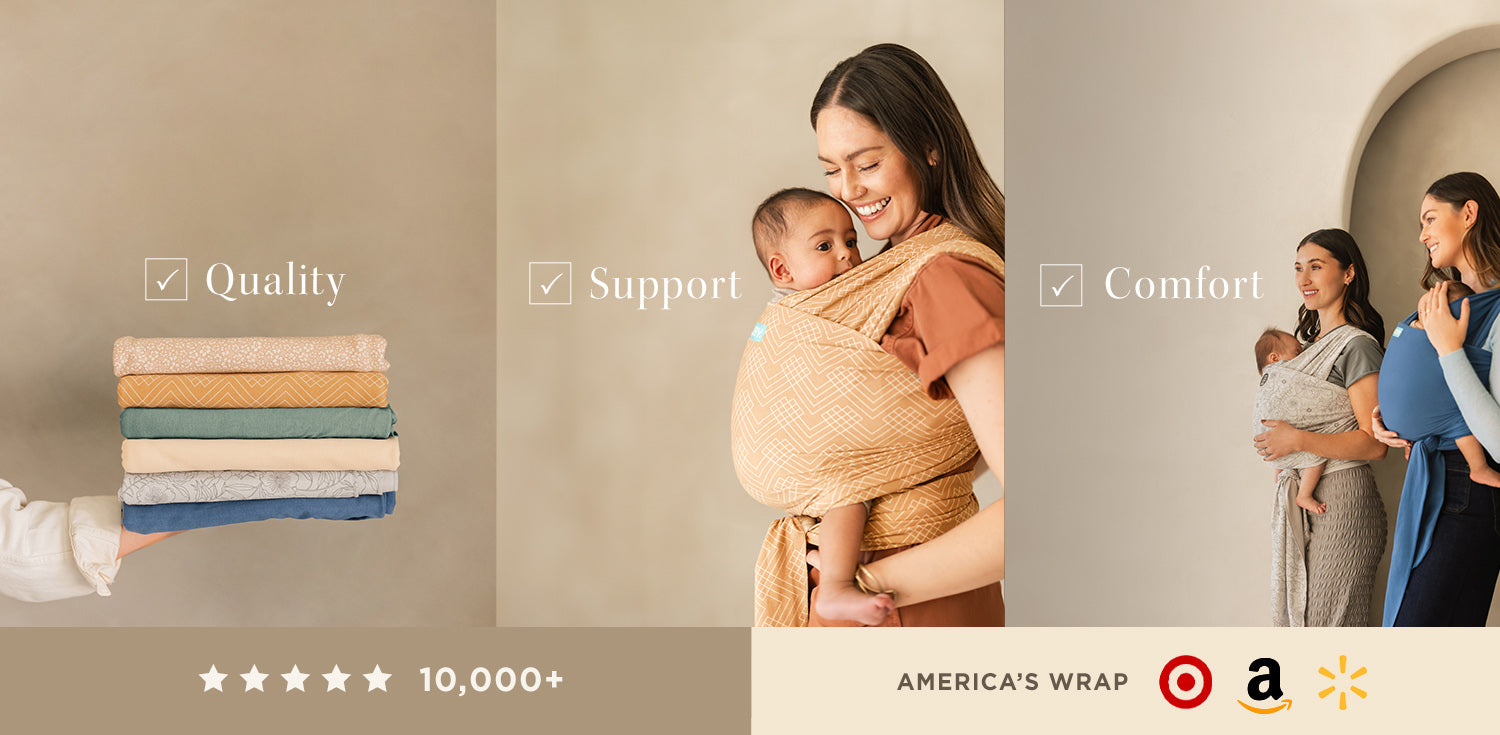 quality, support, comfort. moms wearing baby in moby wraps. over 10,000+ ratings. america's wrap sold in target, amazon and walmart