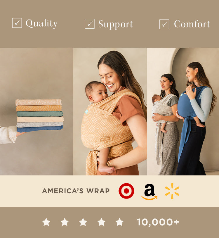 quality, support, comfort. moms wearing baby in moby wraps. over 10,000+ ratings. america's wrap sold in target, amazon and walmart