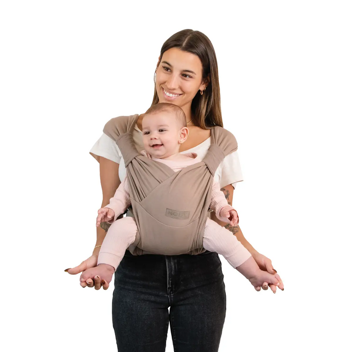 mom wearing baby in moby duet carrier in sparrow