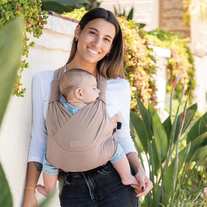 mom wearing baby in moby duet carrier in sparrow