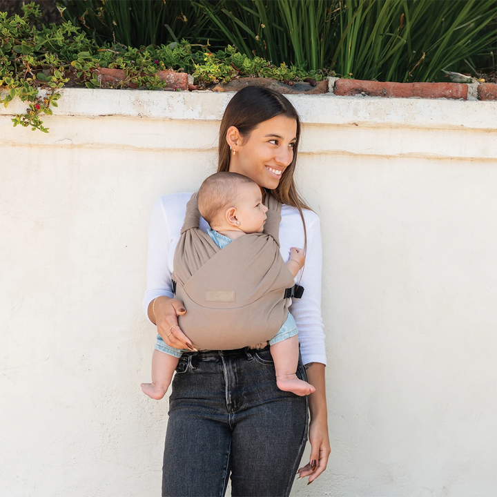 mom wearing baby in moby duet carrier in sparrow