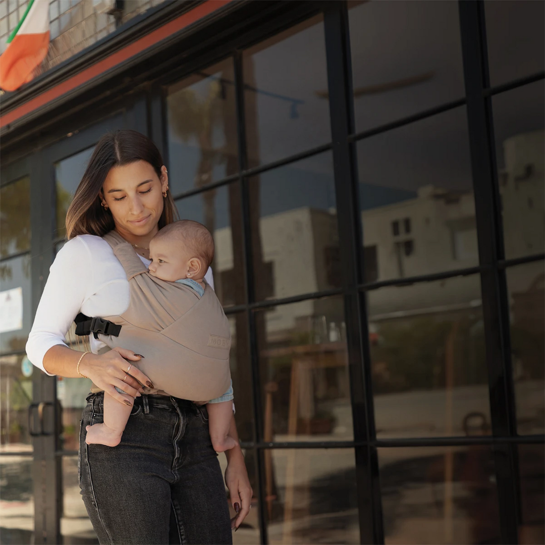 mom wearing baby in moby duet carrier in sparrow